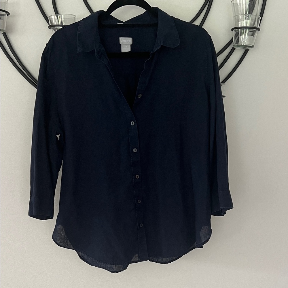 Chico's Linen Navy Button-Down Blouse